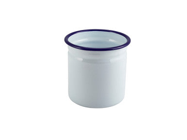 Enamel Cutlery Holder White with Blue Rim 11.5cm Dia