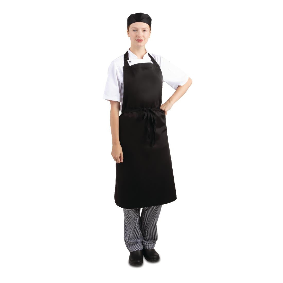 Chef wearing Whites Bib Apron Polycotton Black.