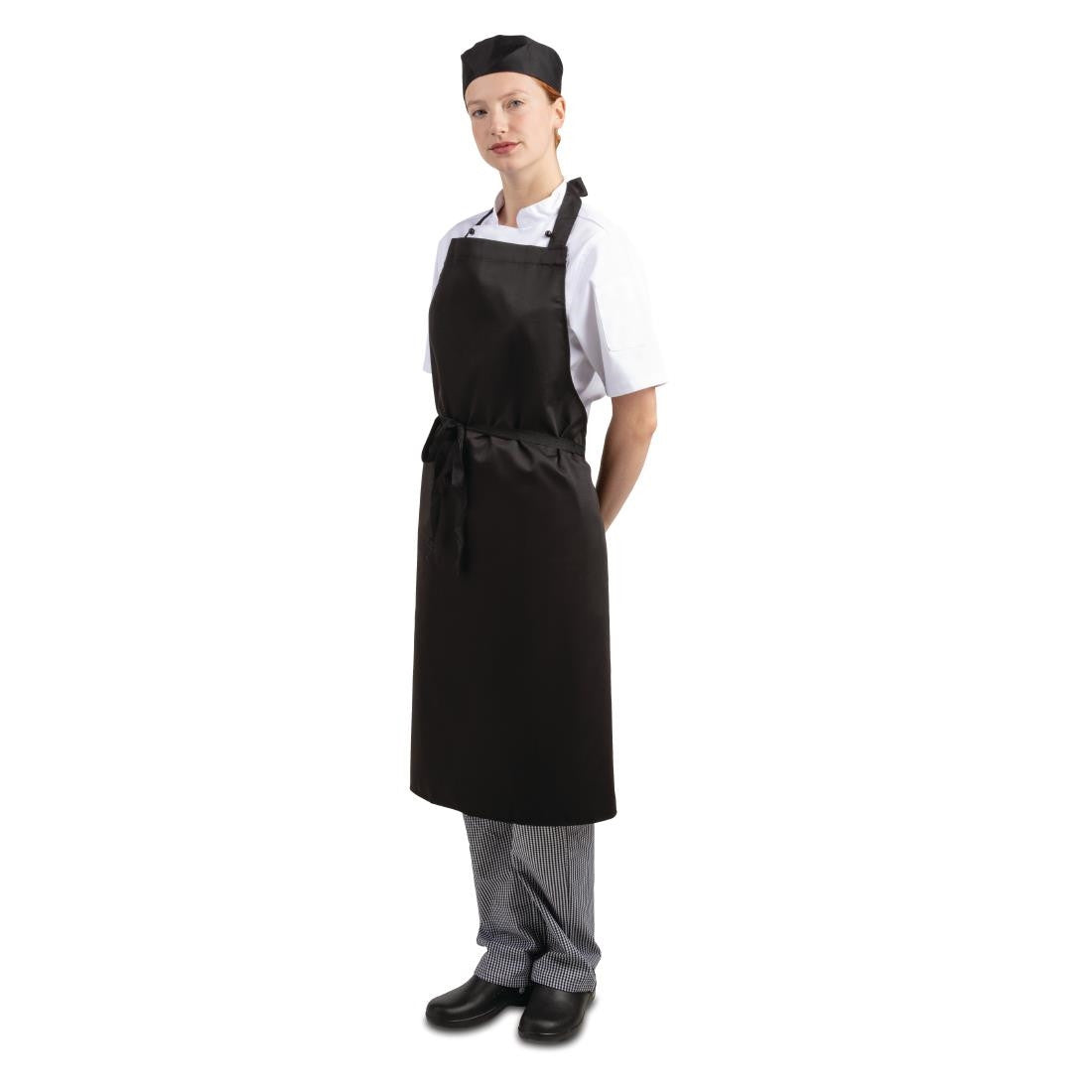 Man wearing Whites Bib Apron Polycotton Black.