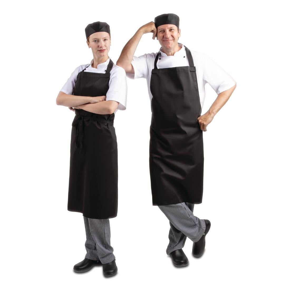 Men wearing Whites Bib Apron Polycotton Black.