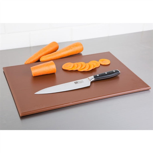 Full shot of High density Chopping Board Brown colour with chopped carrots.