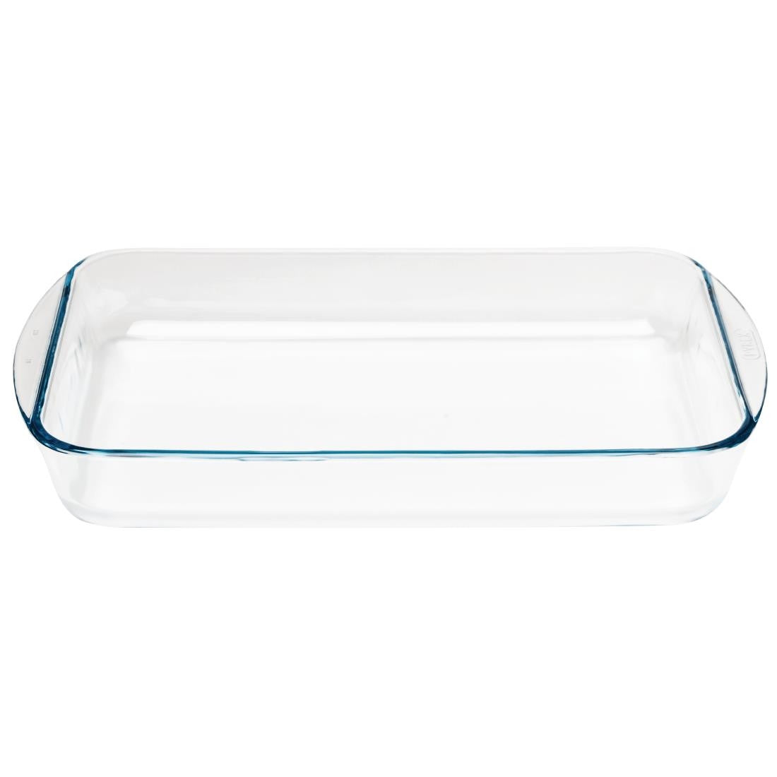 Side shot of Pyrex Rectangular Glass Roaster Dish 400mm.