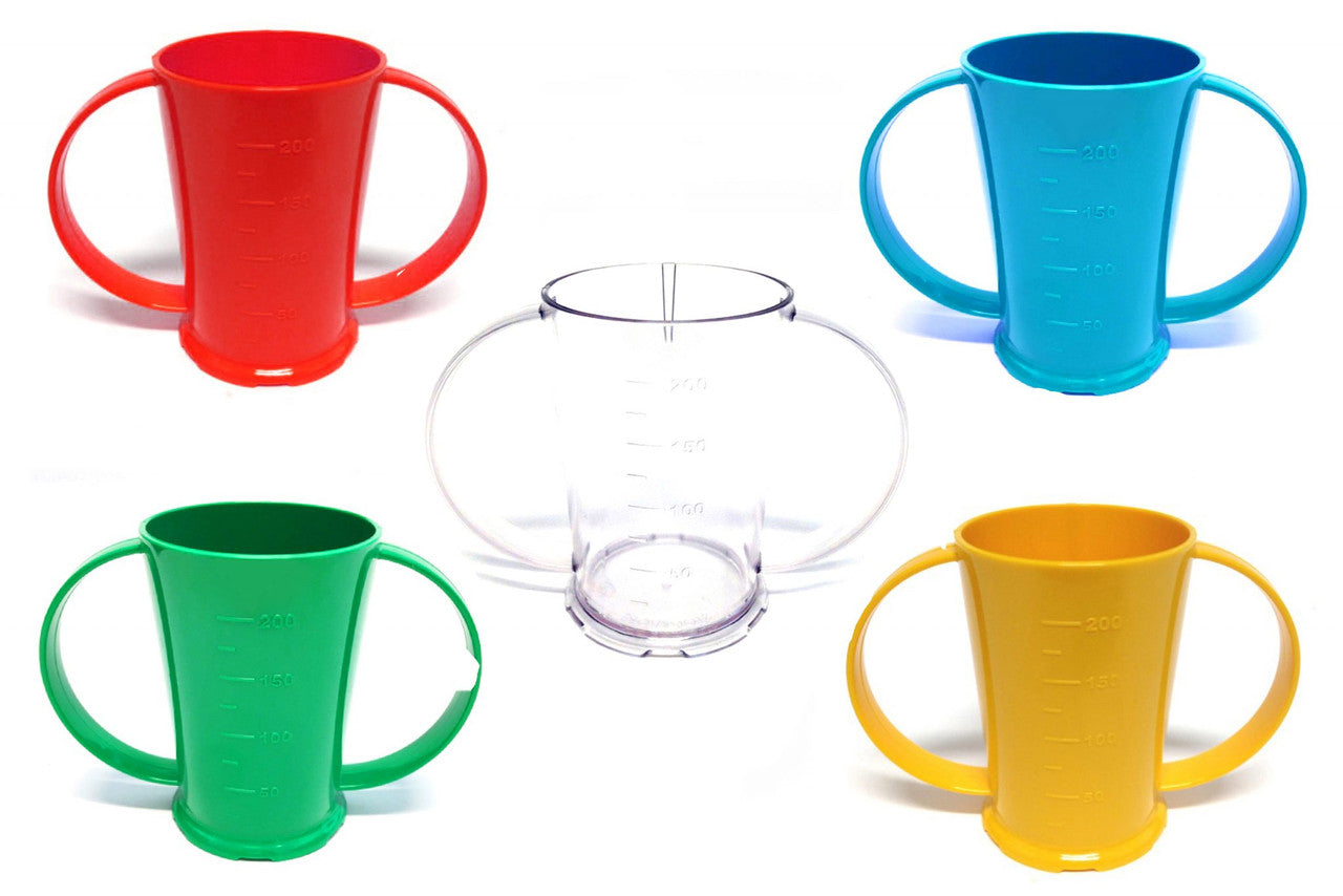 Group of Red Green White Blue and Yellow 2-Handled Beakers