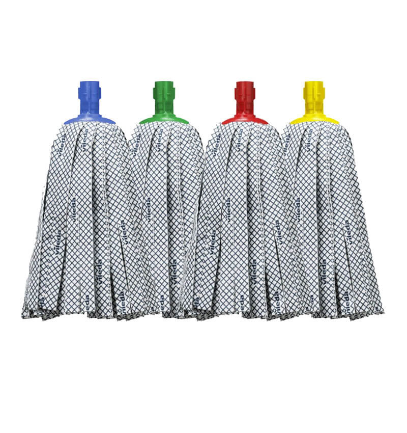 Group of Blue Red Green and Yellow Vileda Super Mop Heads