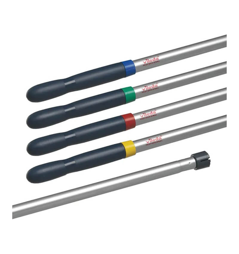 Group of Blue, Red, Green and Yellow coloured Vileda Super Mop Handles.