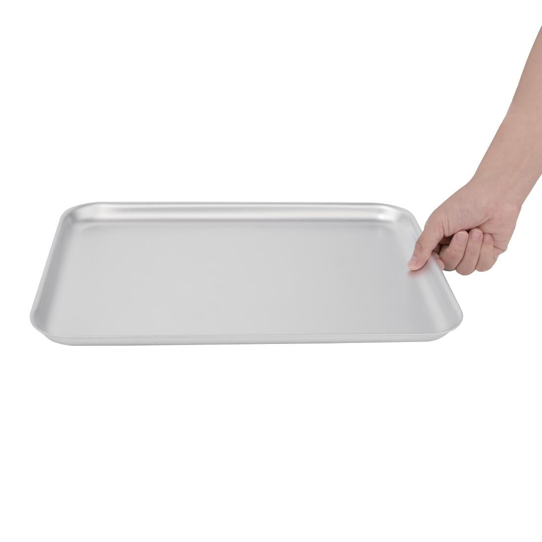 Vogue Aluminium Baking Tray 370 x 265mm in hand.