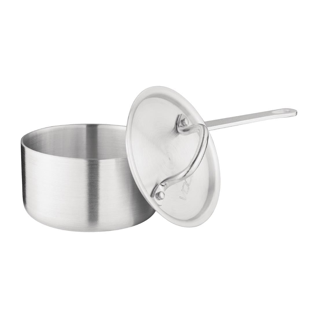 Vogue Aluminium Saucepan 0.7Ltr with lid on the side.