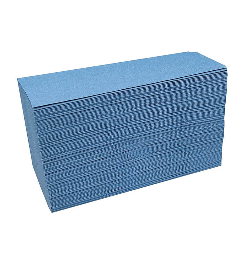 Full shot of Katrin 362200 Zigzag 1 Ply Blue Hand Towels unpacked.