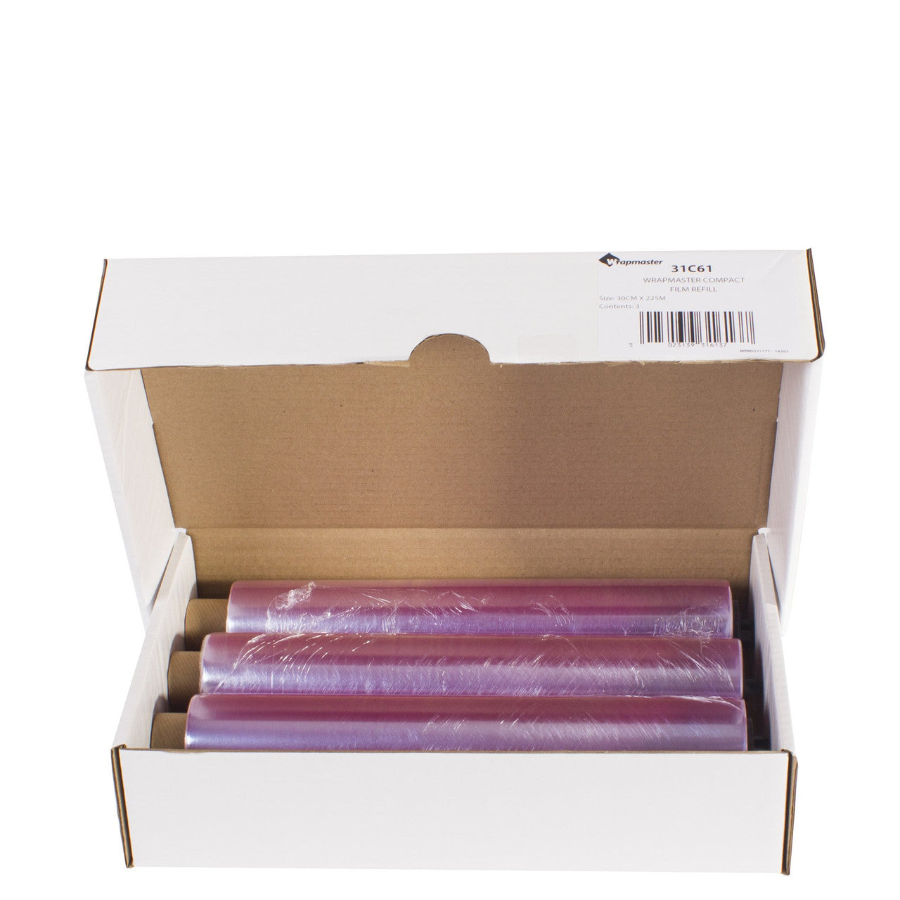 Three Wrapmaster Clingfilm 3000 Refill 300M inside the open box.