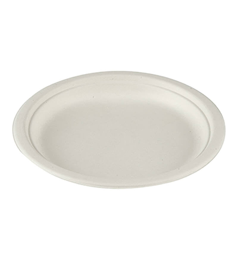 Full shot of Compostable Bagasse Plates Round 9 Inches.