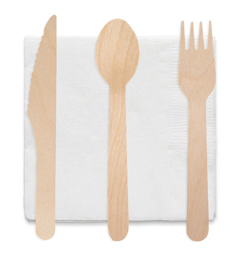 4 In 1 Wrapped Wooden Cutlery Pack Including Knife Fork Spoon Napkin