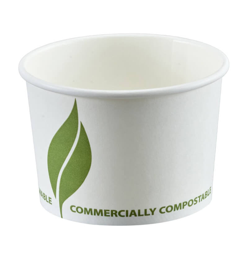Full shot of White Compostable Soup Container 8oz.