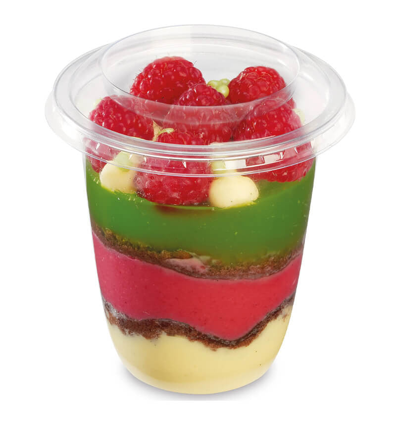 50 Pack Recyclable PET Dessert Pots Narrow 200ml 6.75oz 76 x 81mm With Content