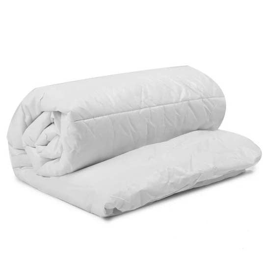 A White Pillow and White Premium Single Duvet rolled up next to each other