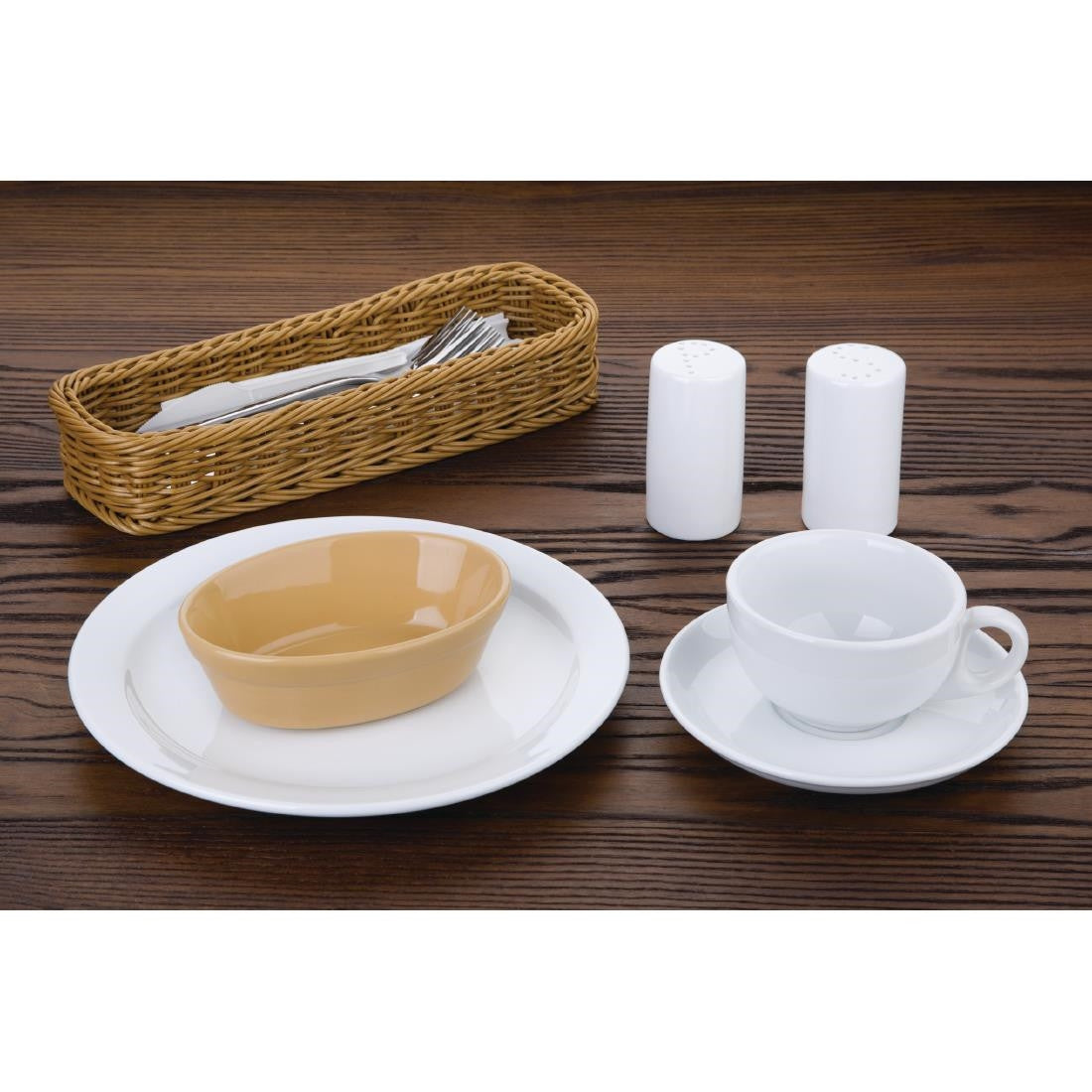 Olympia Stoneware Oval Pie Bowls 145 x 104mm on plate, forks on tray, condiments container, and cups and saucers on table.