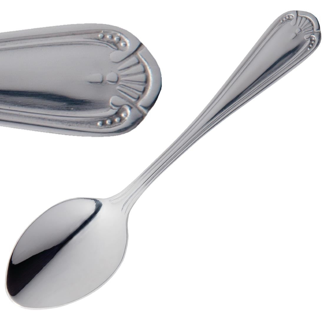 Olympia Jesmond Teaspoon in a slanting position.