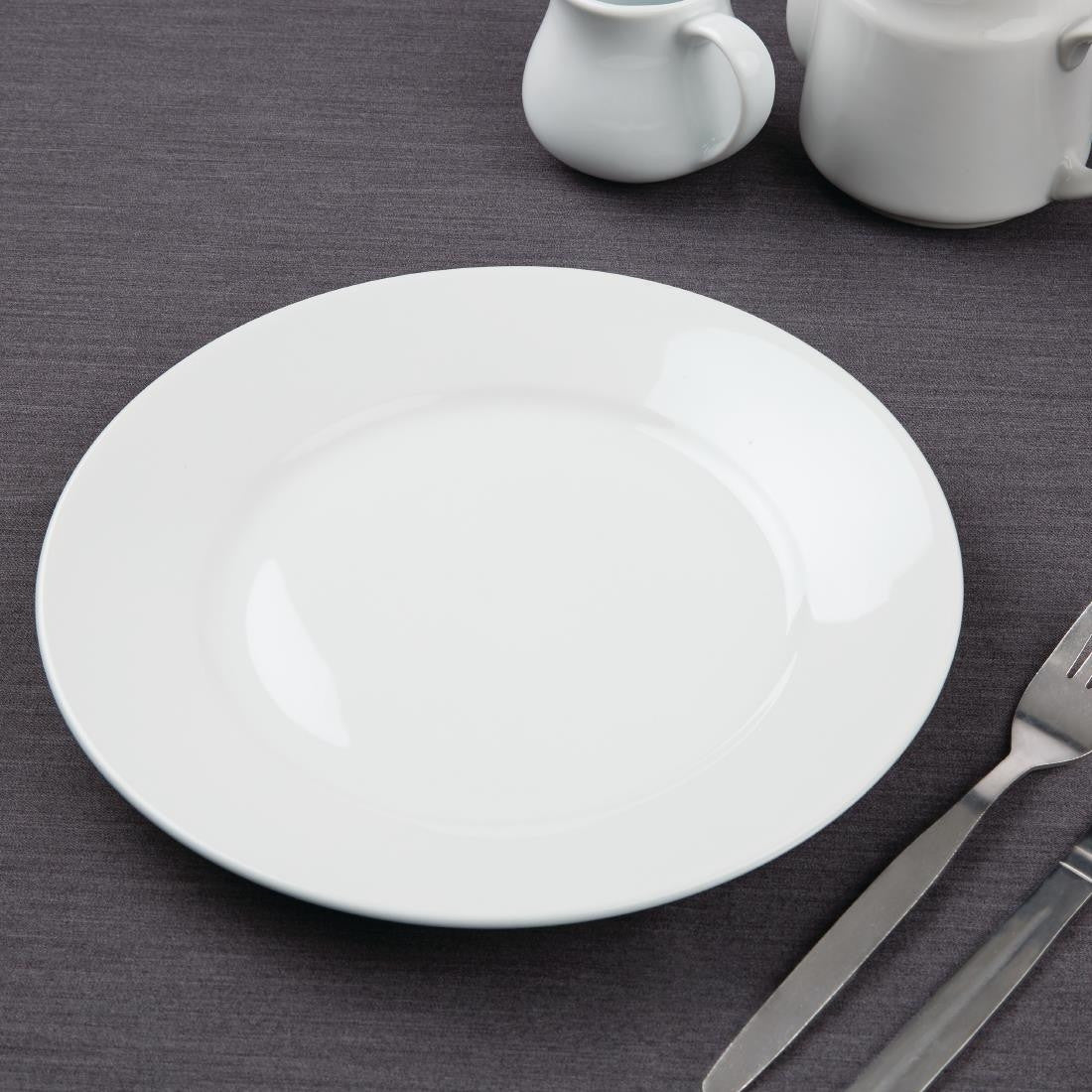 Olympia Athena Wide Rimmed Plates White 254mm with cutleries.