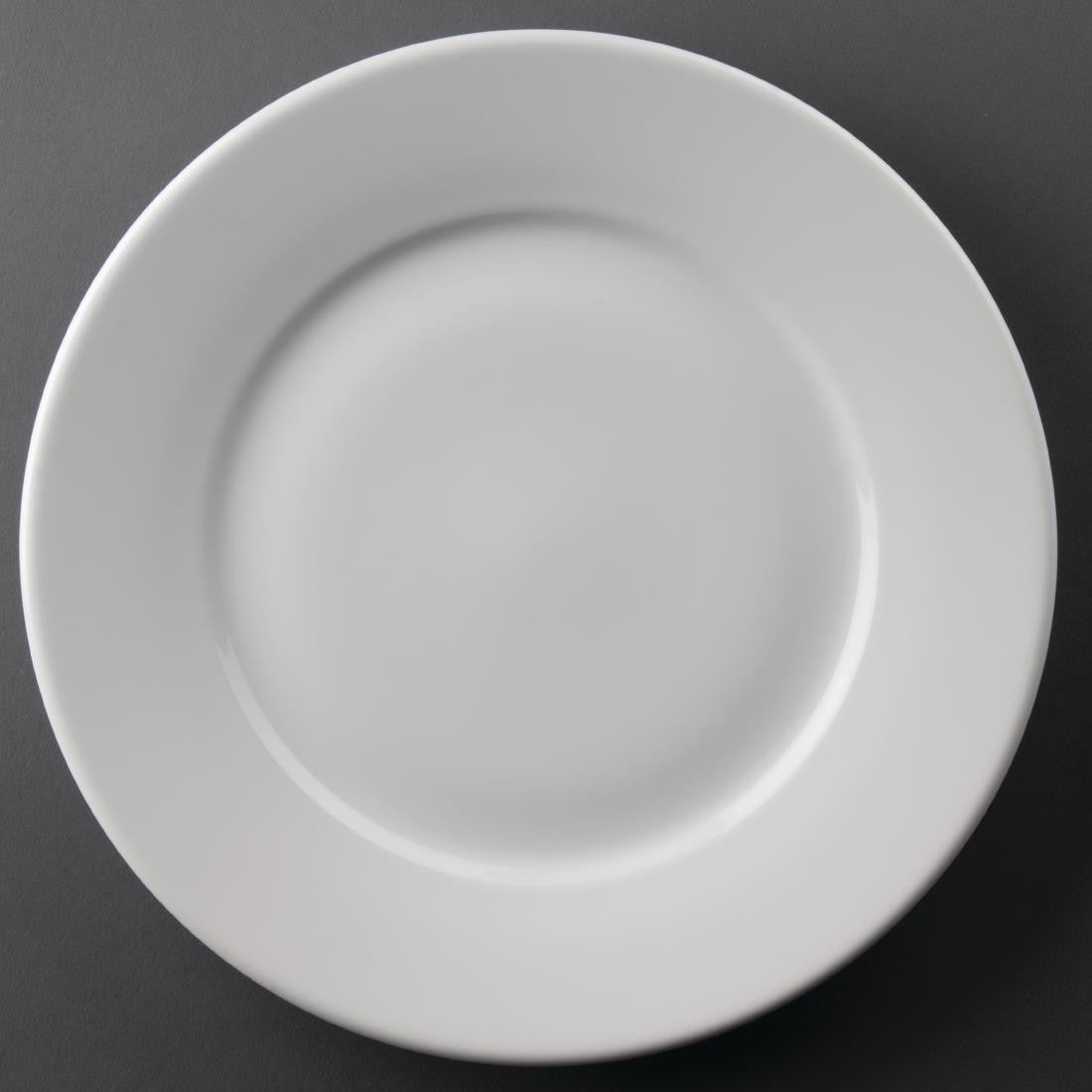 Front view of Olympia Athena Wide Rimmed Plates White 254mm in a black background.