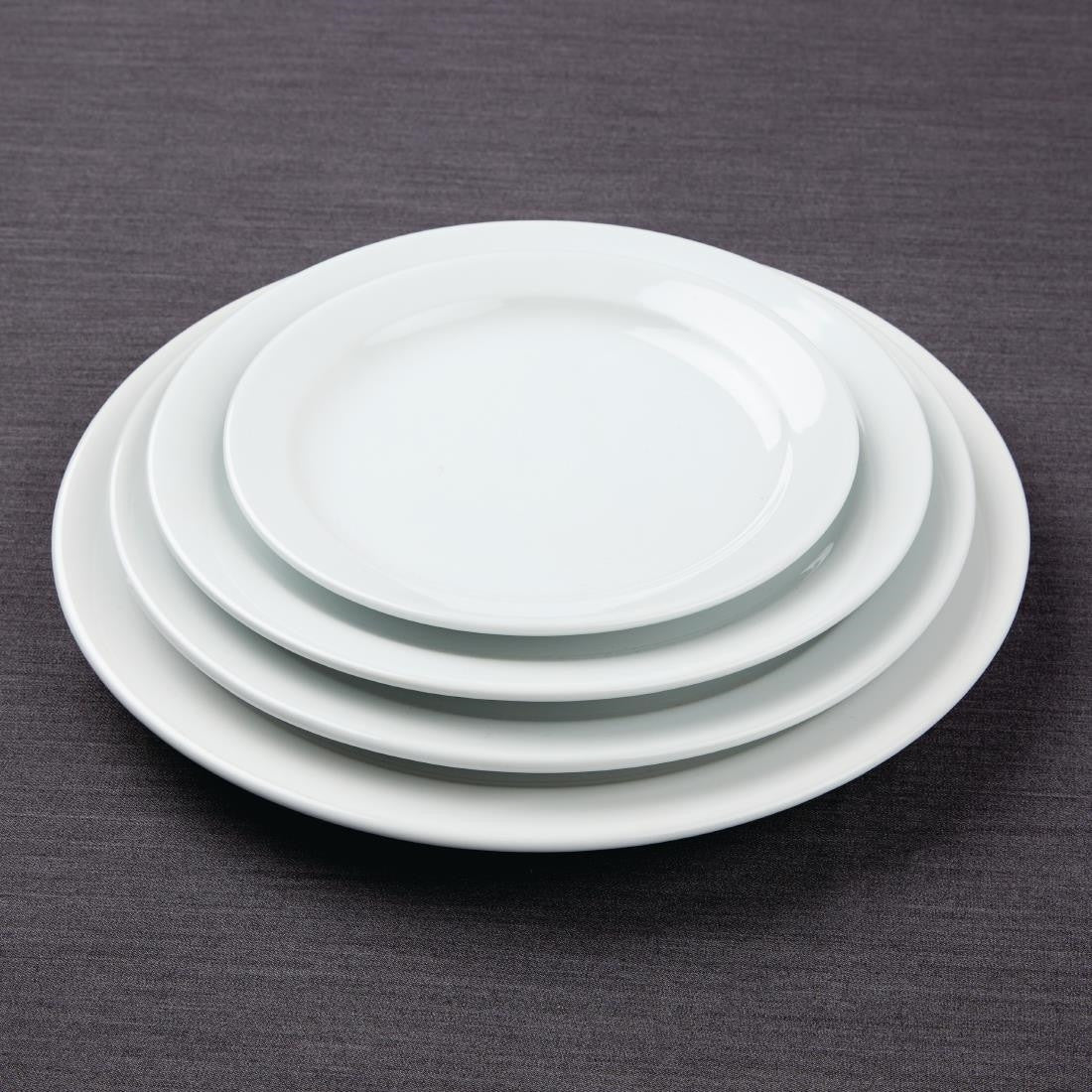 Olympia Athena Narrow Rimmed Plates 254mm stack together with other plates.
