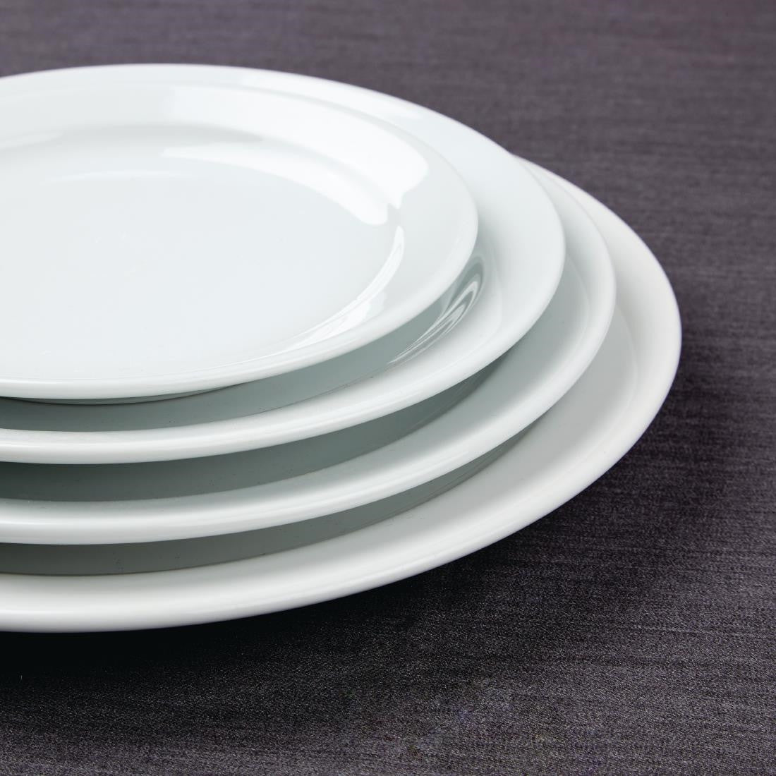 Side shot of Olympia Athena Narrow Rimmed Plates 254mm stacked together.