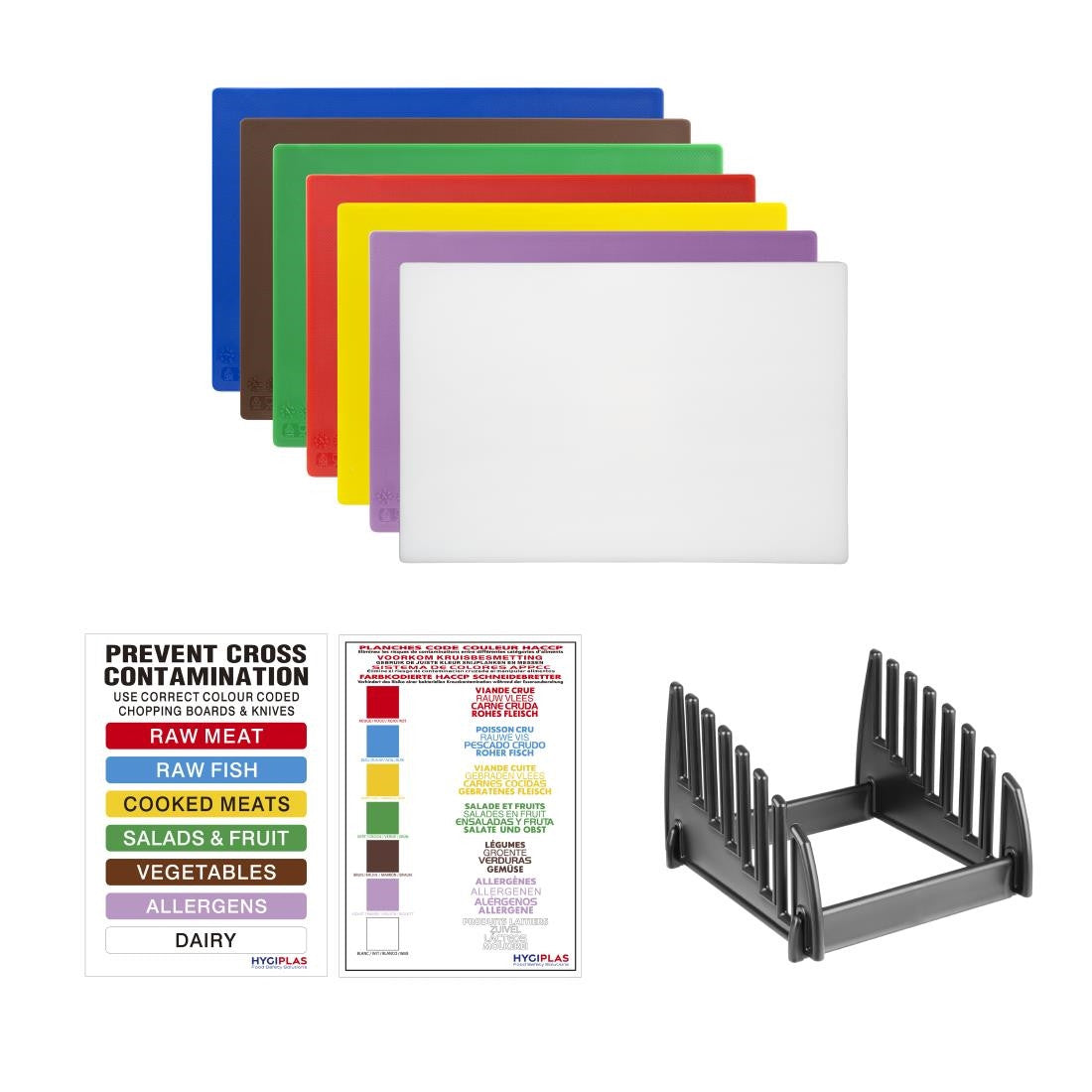 Hygiplas Low Density Chopping Boards Set with Rack (Set of 7 - 10mm High) CH041
