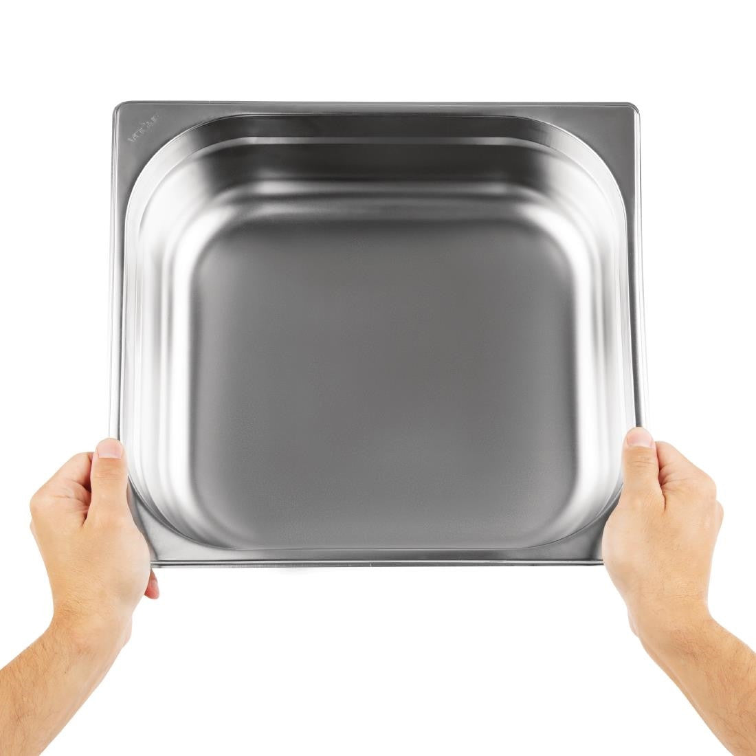 Vogue Stainless Steel 2/3 Gastronorm Pan 100mm in hand.