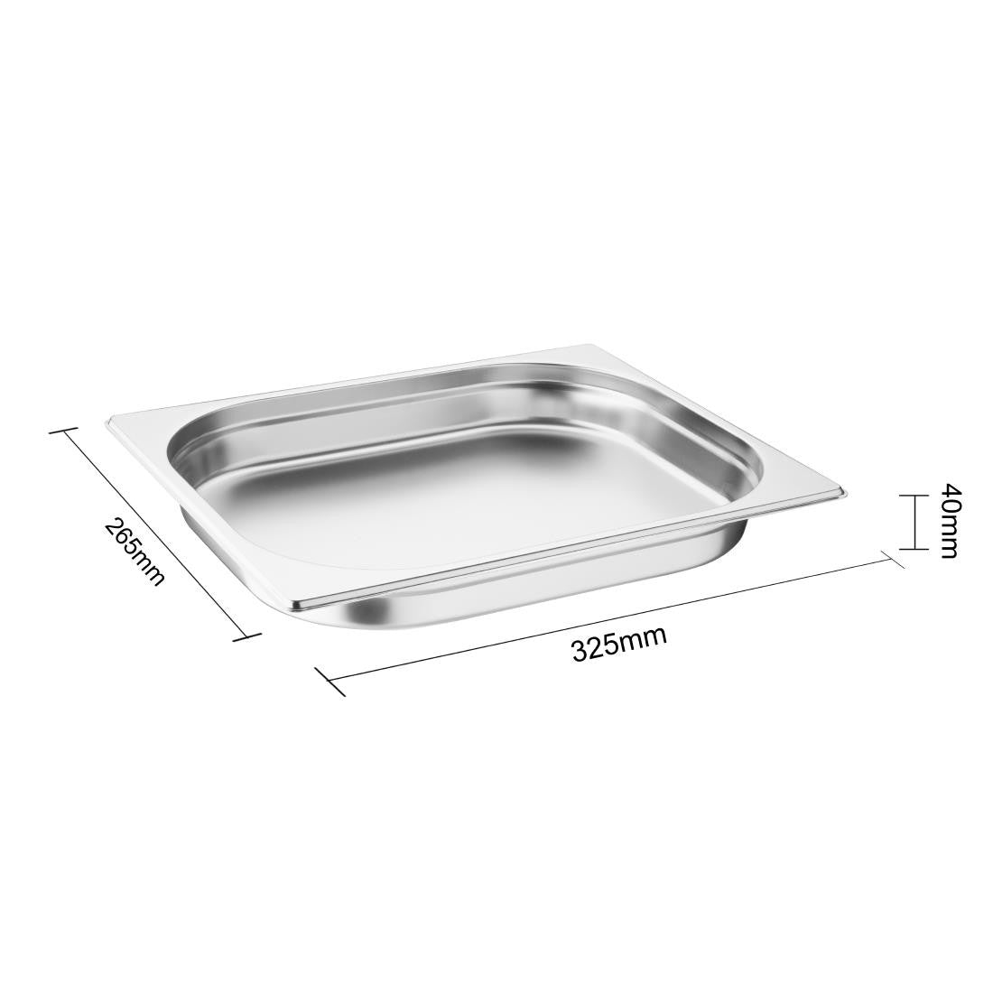Vogue Stainless Steel 1/2 Gastronorm Pan 40mm with measurement.