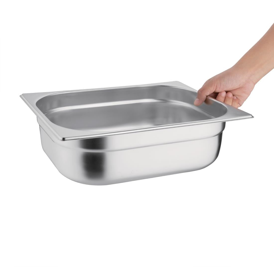 Vogue Stainless Steel 1/2 Gastronorm Pan 100mm in hand.