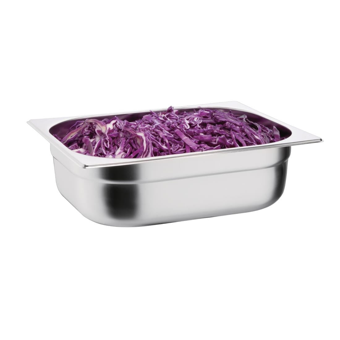 Vogue Stainless Steel 1/2 Gastronorm Pan 100mm with content.