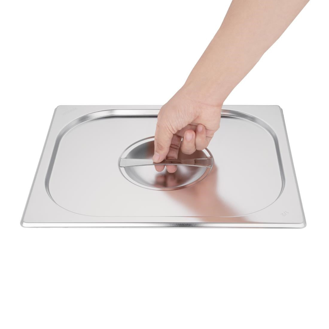 Vogue Stainless Steel 1/2 Gastronorm Lid in hand.