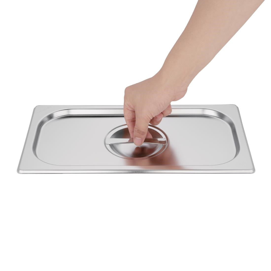 Vogue Stainless Steel 1/3 Gastronorm Lid in hand.