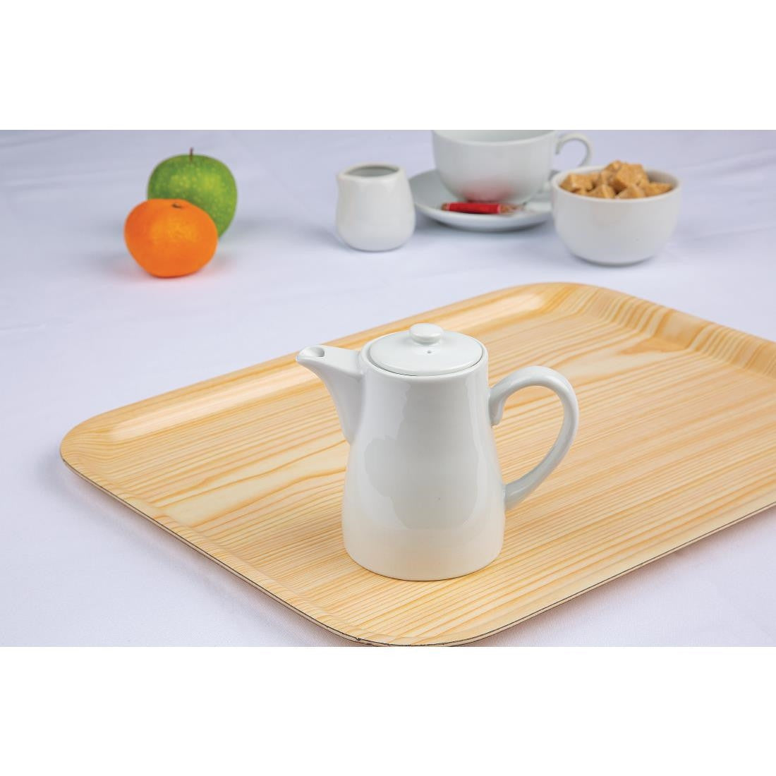 Olympia Whiteware Coffee Pots 310ml placed in a tray.