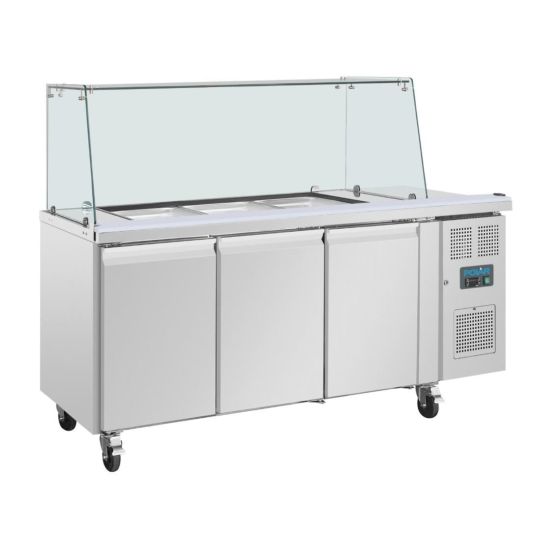 Polar U-Series GN Saladette Counter with Square Sneeze Guard 3 Door UA018