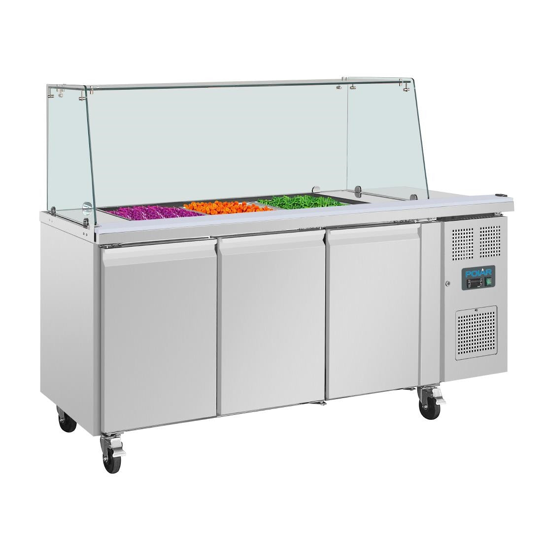 Polar U-Series GN Saladette Counter with Square Sneeze Guard 3 Door UA018