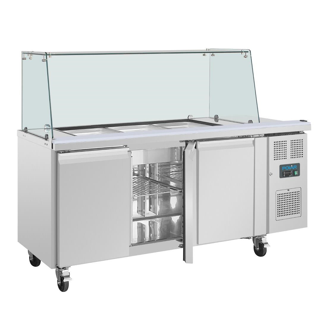 Polar U-Series GN Saladette Counter with Square Sneeze Guard 3 Door UA018
