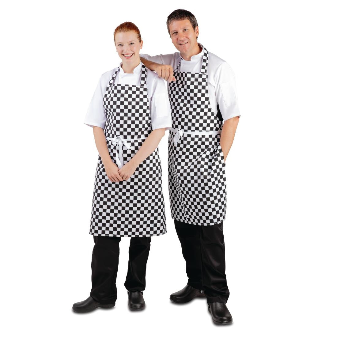 Chef wearing Whites Bib Apron Black and White Check with white inner.
