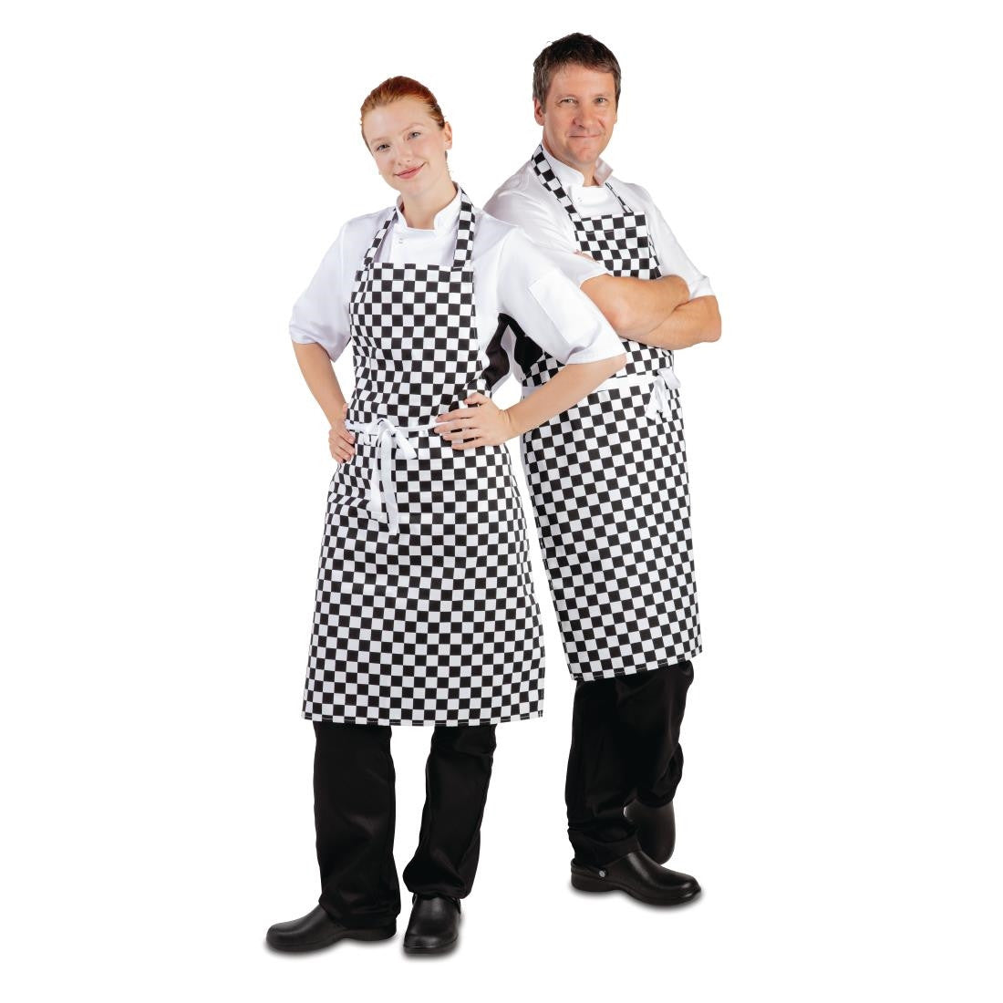 Chef wearing Whites Bib Apron Black and White Check with white inner.
