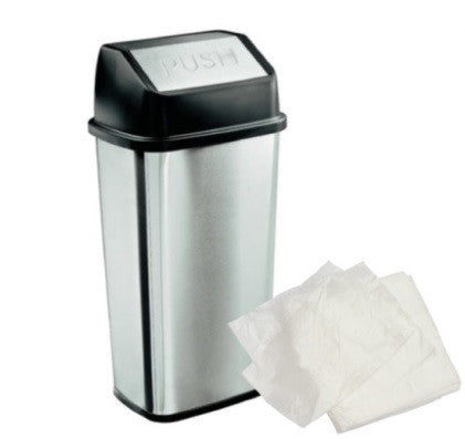 Heavy Duty Clear Swing Bin Liner next to a Silver swing bin.