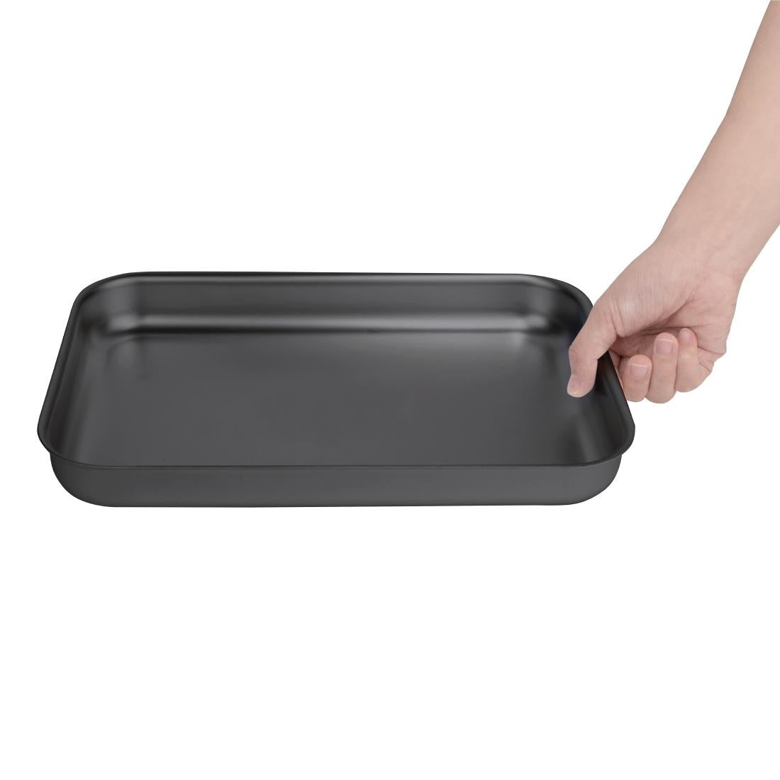 Vogue Anodised Aluminium Bakewell Pan 320mm in hand.