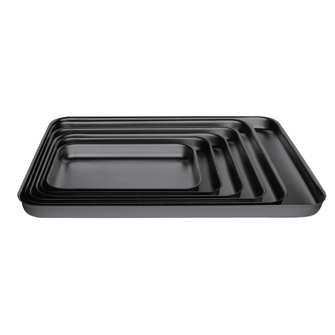 Different sizes of Vogue Anodised Aluminium Bakewell Pan 320mm stacked together.