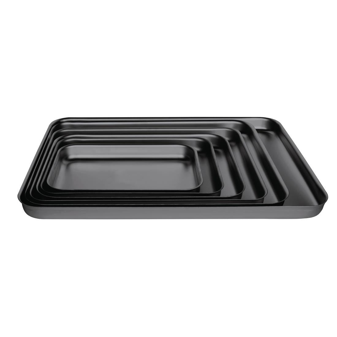 Different sizes of Vogue Anodised Aluminium Bakewell Pan 370mm stacked together.