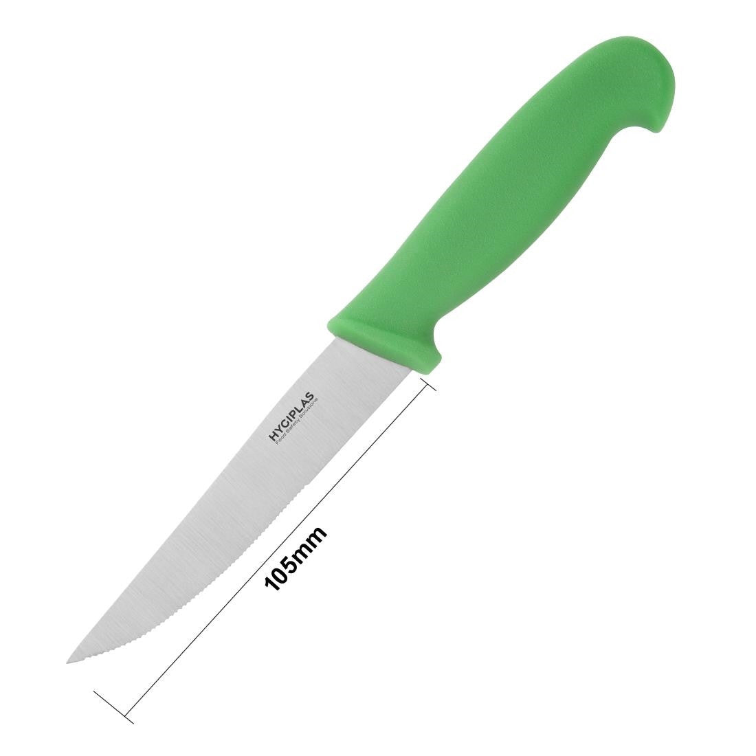 Hygiplas Serrated Vegetable Knife Green 10cm with measurement.