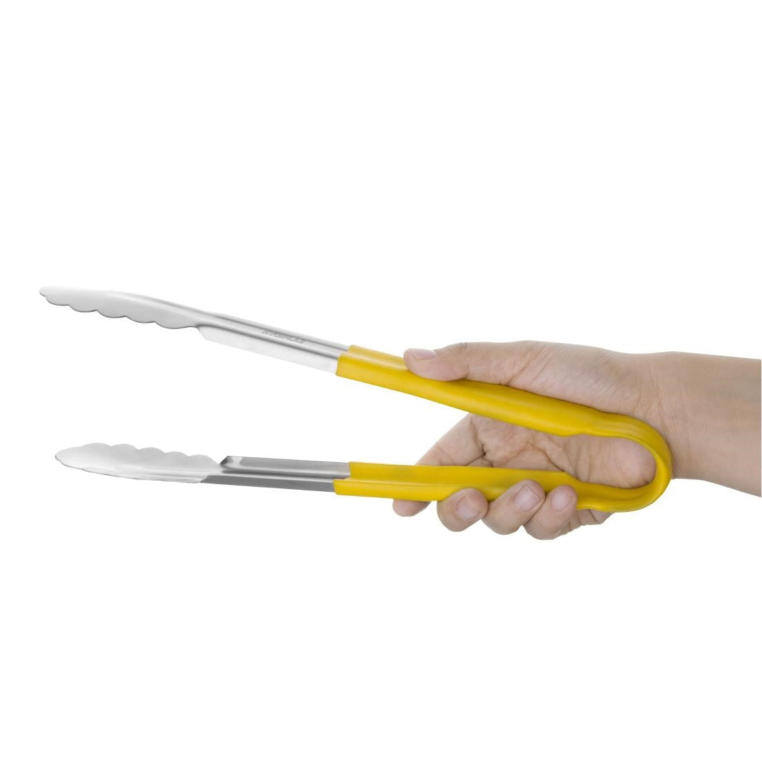 Hygiplas Colour Coded Yellow Serving Tongs 11" in hand.