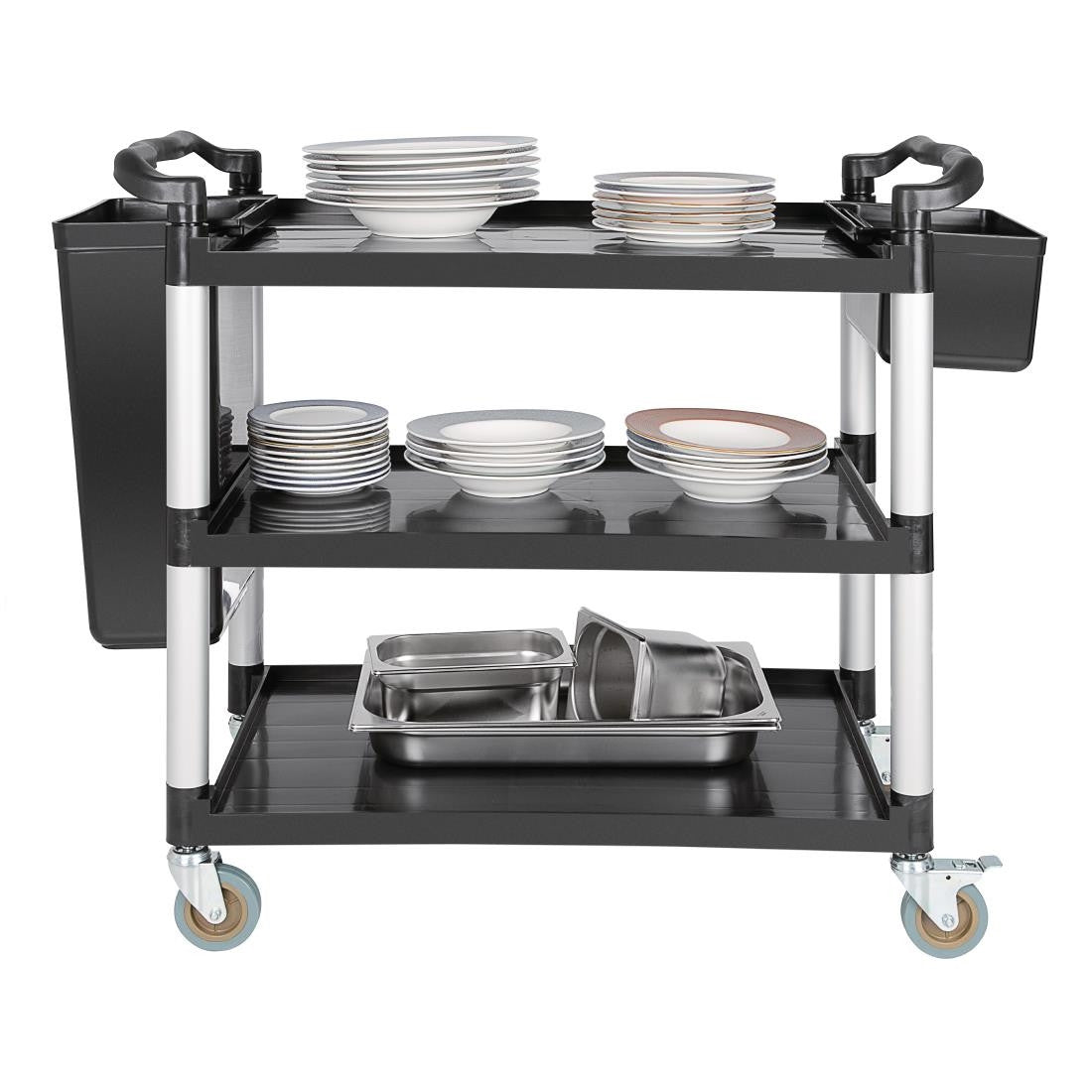 Vogue Polypropylene Mobile Trolley Large with trays and plates.