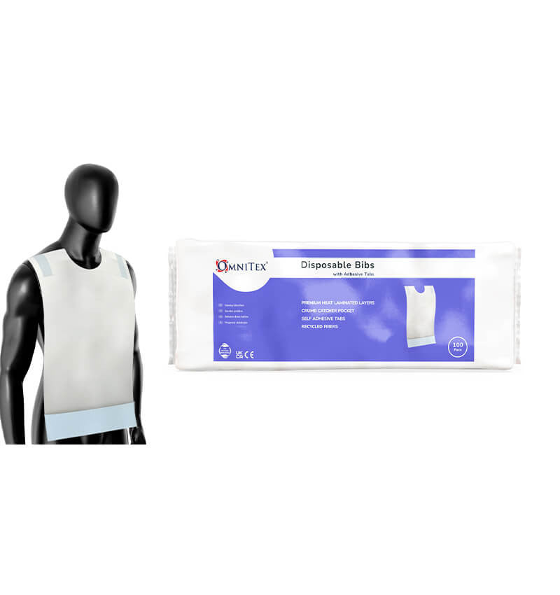 Omnitex Disposable Bibs out and inside of packaging