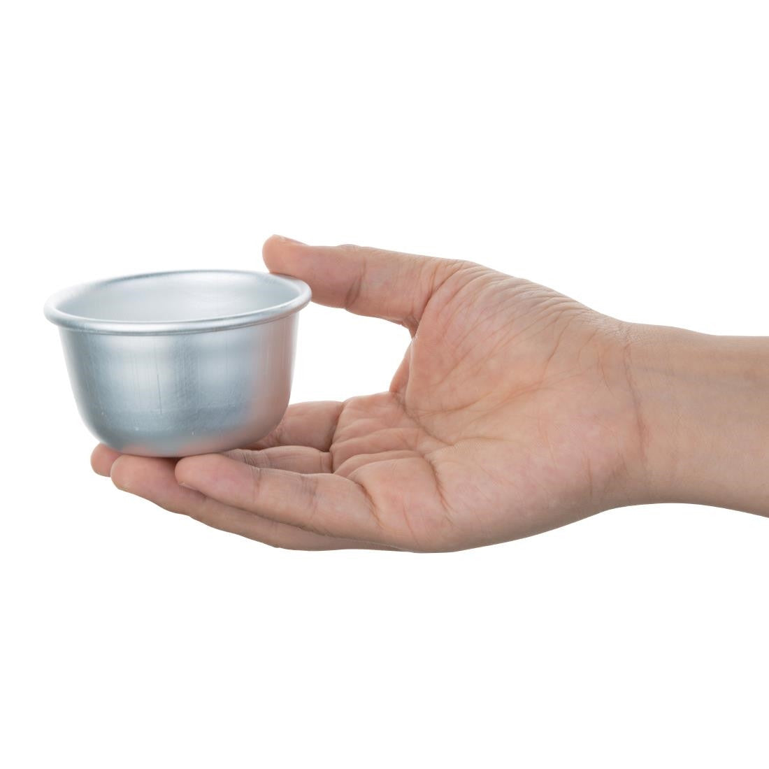 Vogue Aluminium Mini Pudding Basin 105ml  in hand.