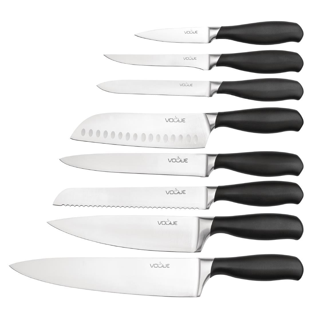 Different sizes of Vogue Soft Grip Santoku Knives.