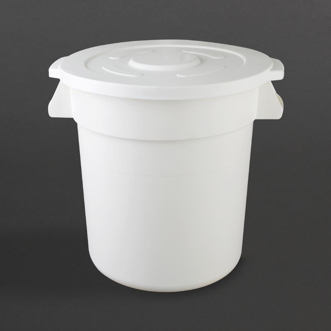 Vogue Polypropylene Round Container Bin White 38Ltr in black background.