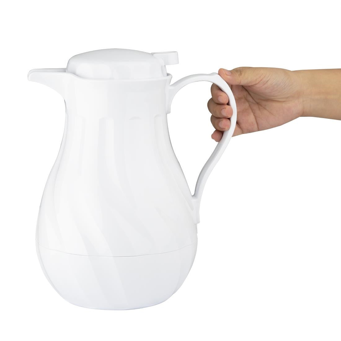 Olympia Insulated Swirl Jug White 2Ltr in hand.