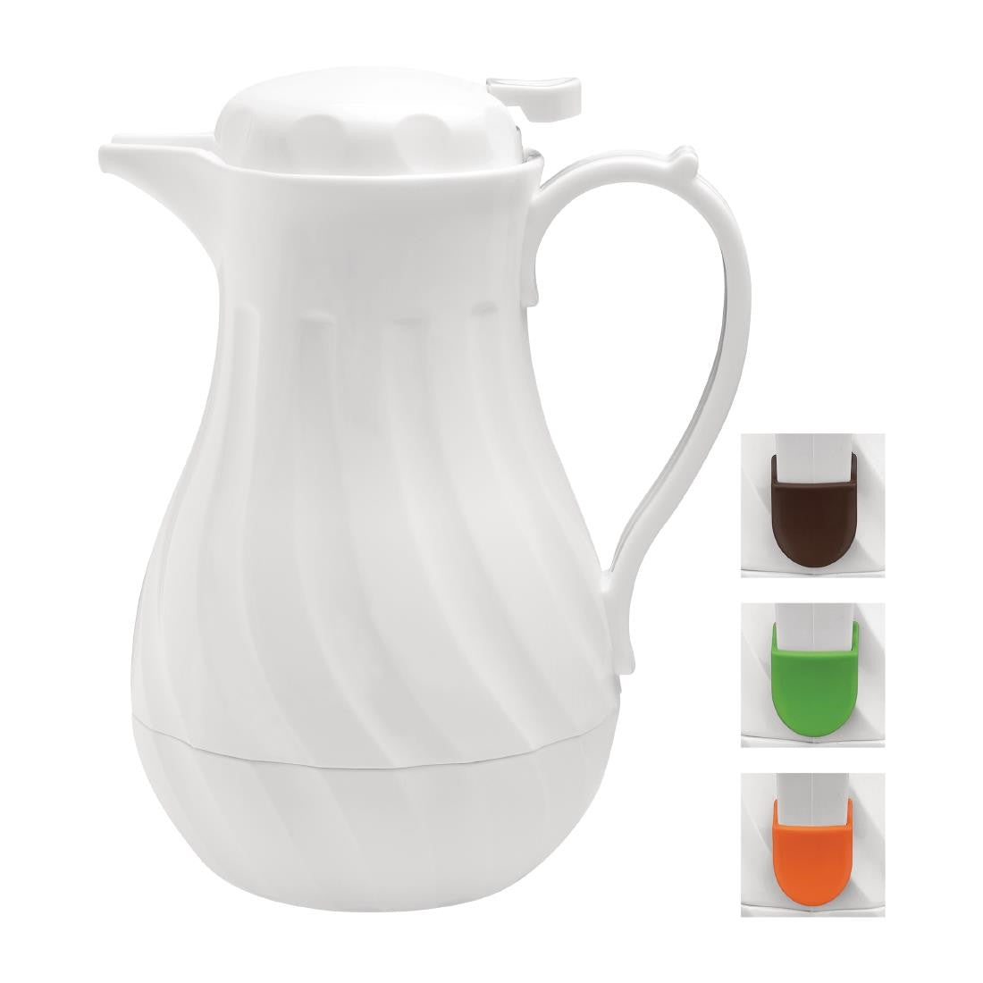 Olympia Insulated Swirl Jug White 2Ltr with brown, green, and orange clips.